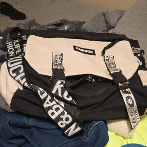 All Saints Black and Cream Crossbody Bag with Graphic Strap